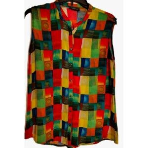 Apny Blouse Size S Color Block Sleeveless Button Cupro Blend